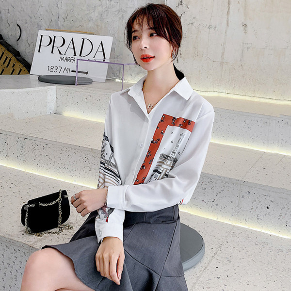 Női modern sifon ing klasszikus modell fehér színben, mintás mintával