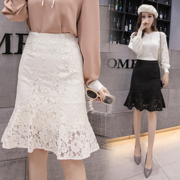 Csipke női szoknya szabású modell fehér és fekete színben, magas derékkal