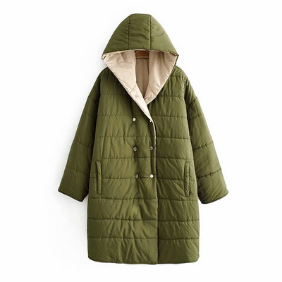 Tavaszi-őszi kétoldalas kabát kapucnival és zöld gombokkal