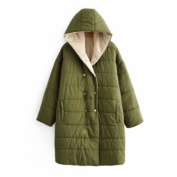 Tavaszi-őszi kétoldalas kabát kapucnival és zöld gombokkal