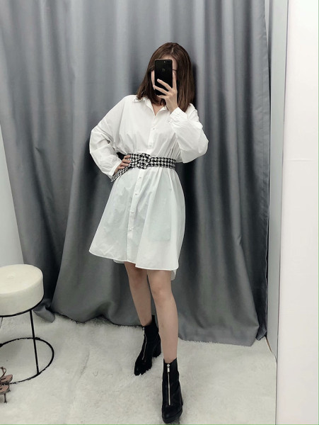 Cămașă lungă modernă cu guler clasic decorat cu pietre în alb