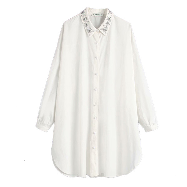 Cămașă lungă modernă cu guler clasic decorat cu pietre în alb