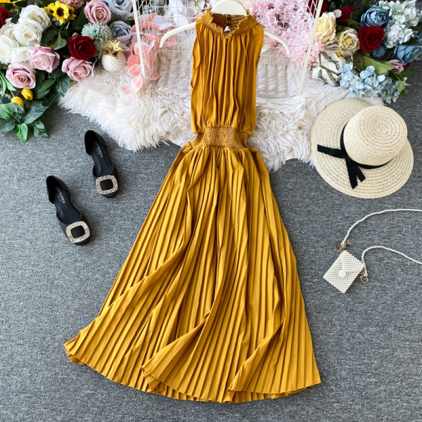 Modern női redős ruha gumírozott derékkal