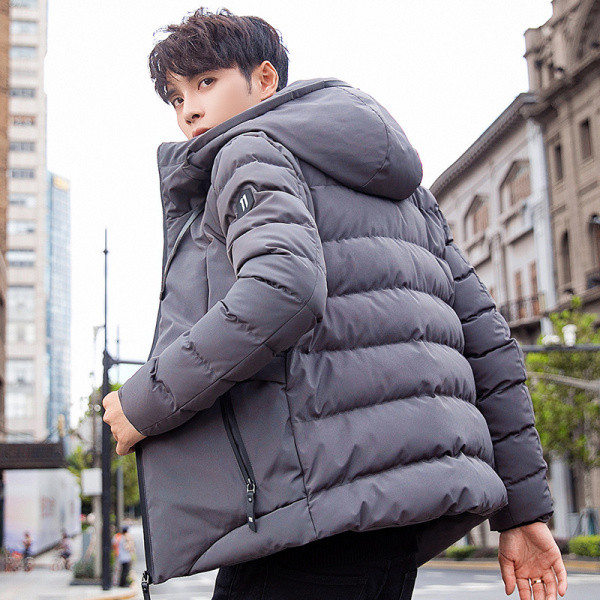 Férfi téli kabát szürke és fekete színben, zsebekkel és kapucnival