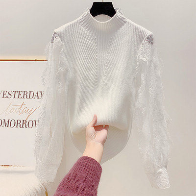 Női pulóver pólógallérral és csipkeujjakkal, rózsaszín, fehér, bézs és fekete színben