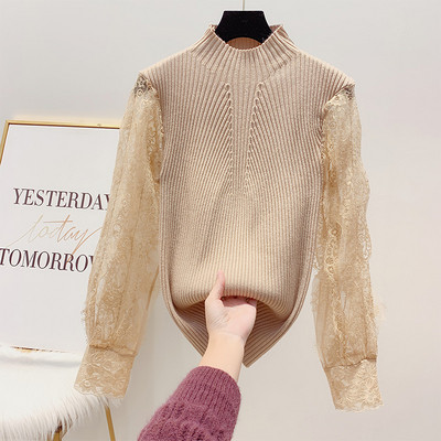 Női pulóver pólógallérral és csipkeujjakkal, rózsaszín, fehér, bézs és fekete színben