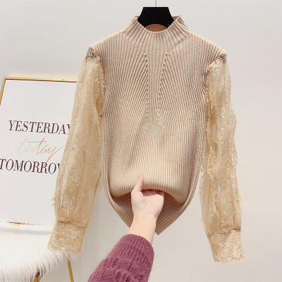 Női pulóver pólógallérral és csipkeujjakkal, rózsaszín, fehér, bézs és fekete színben