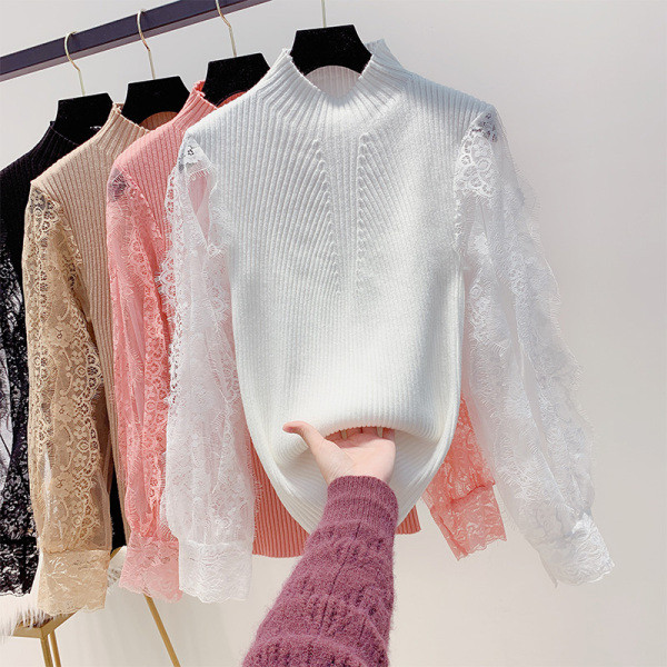 Női pulóver pólógallérral és csipkeujjakkal, rózsaszín, fehér, bézs és fekete színben