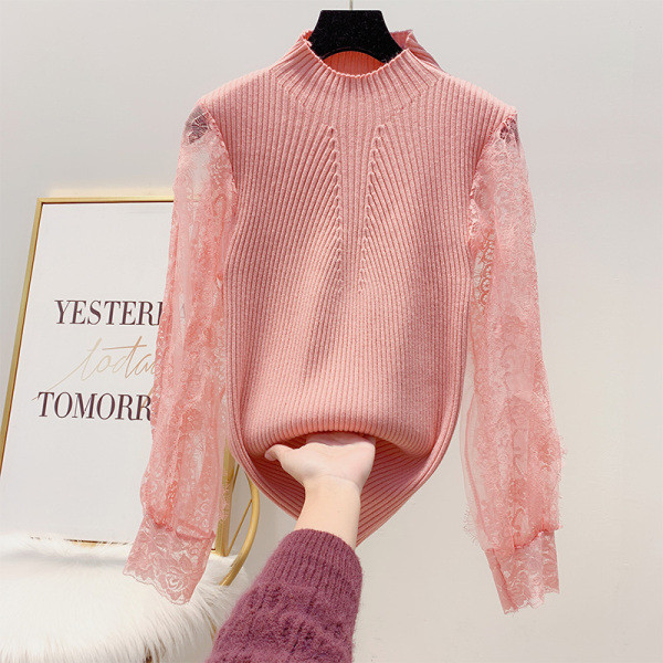 Női pulóver pólógallérral és csipkeujjakkal, rózsaszín, fehér, bézs és fekete színben