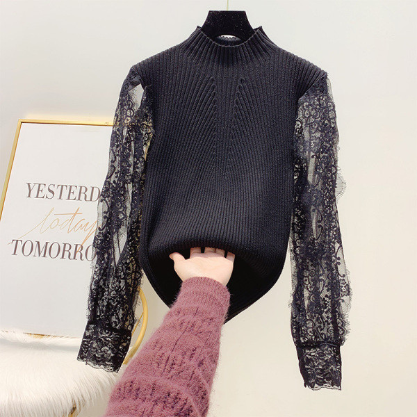 Női pulóver pólógallérral és csipkeujjakkal, rózsaszín, fehér, bézs és fekete színben