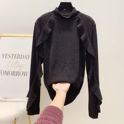 Fényes hatású női blúz, fürtök és magas gallér bézs, fekete és narancs színben