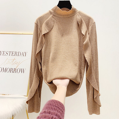 Fényes hatású női blúz, fürtök és magas gallér bézs, fekete és narancs színben