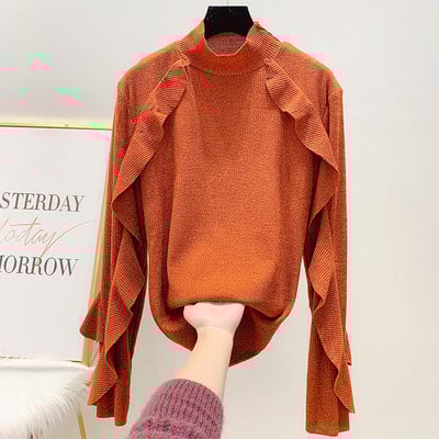 Fényes hatású női blúz, fürtök és magas gallér bézs, fekete és narancs színben