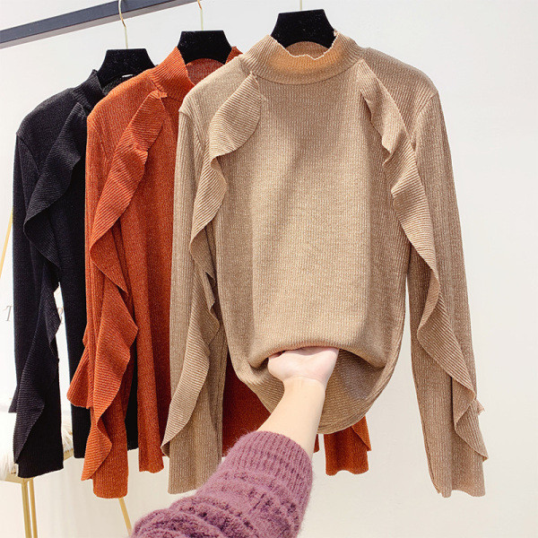 Fényes hatású női blúz, fürtök és magas gallér bézs, fekete és narancs színben