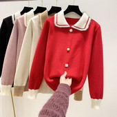 Női alkalmi kardigán gombokkal és gallérral, piros, rózsaszín, bézs és fekete színben