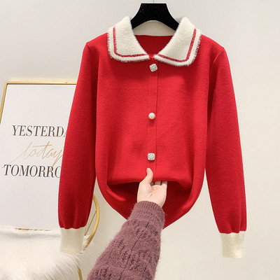 Női alkalmi kardigán gombokkal és gallérral, piros, rózsaszín, bézs és fekete színben