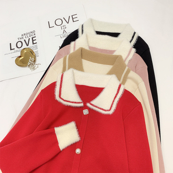 Női alkalmi kardigán gombokkal és gallérral, piros, rózsaszín, bézs és fekete színben