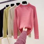 Női pulóver magas gallérral és csipkével bézs, fekete, rózsaszín és zöld színben