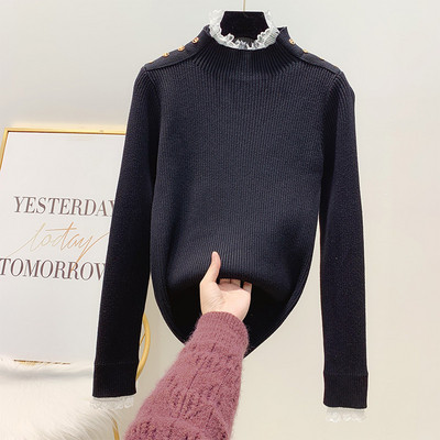 Női pulóver magas gallérral és csipkével bézs, fekete, rózsaszín és zöld színben