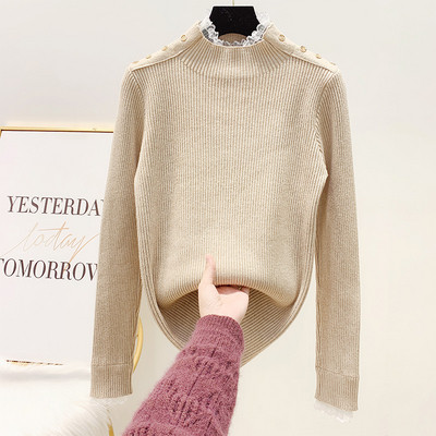 Női pulóver magas gallérral és csipkével bézs, fekete, rózsaszín és zöld színben