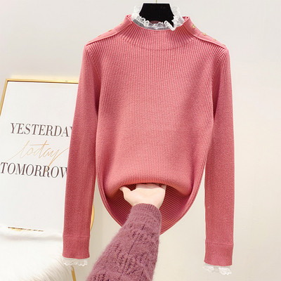 Női pulóver magas gallérral és csipkével bézs, fekete, rózsaszín és zöld színben