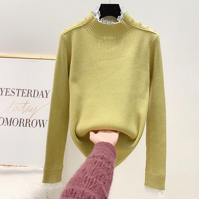 Női pulóver magas gallérral és csipkével bézs, fekete, rózsaszín és zöld színben