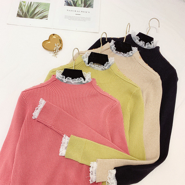 Női pulóver magas gallérral és csipkével bézs, fekete, rózsaszín és zöld színben