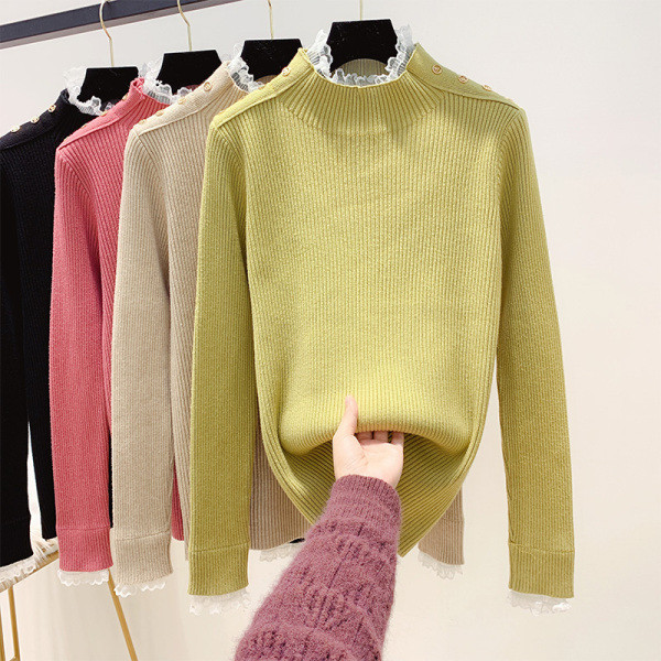 Női pulóver magas gallérral és csipkével bézs, fekete, rózsaszín és zöld színben