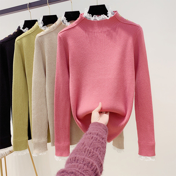 Női pulóver magas gallérral és csipkével bézs, fekete, rózsaszín és zöld színben