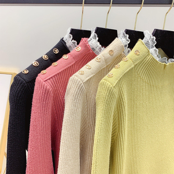 Női pulóver magas gallérral és csipkével bézs, fekete, rózsaszín és zöld színben