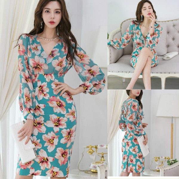 Aktuális női ruha spitz nyakkivágással, hosszú ujjal és virágmintával