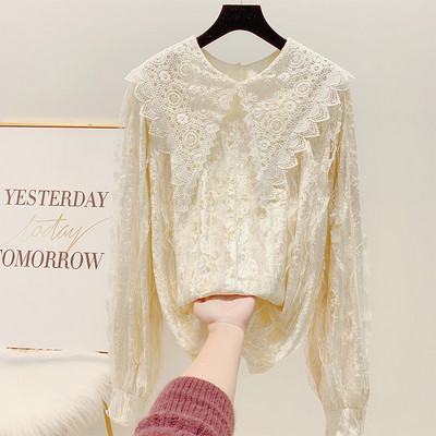 Cămașă de damă din catifea cu guler din dantelă în negru, alb și bej