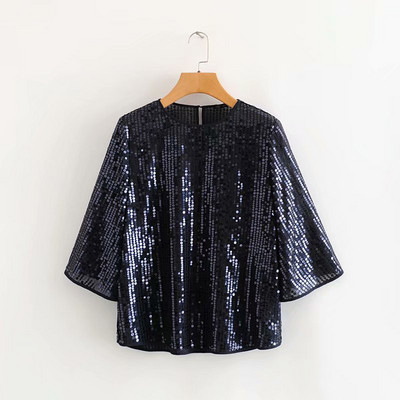 Rövid, széles blúz 3/4 ujjal, fekete és szürke színben, flitterekkel