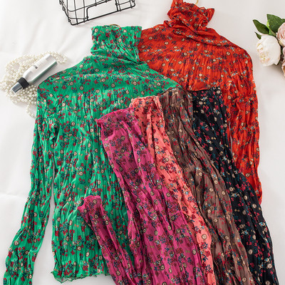 Дамска блуза с висока яка и флорален десен в зелен,червен,розов,кафяв,черен и оранжев цвят