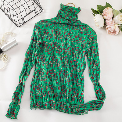 Női blúz magas gallérral és virágmintával zöld, piros, rózsaszín, barna, fekete és narancs színben