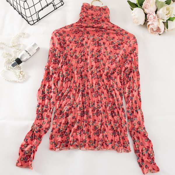 Női blúz magas gallérral és virágmintával zöld, piros, rózsaszín, barna, fekete és narancs színben
