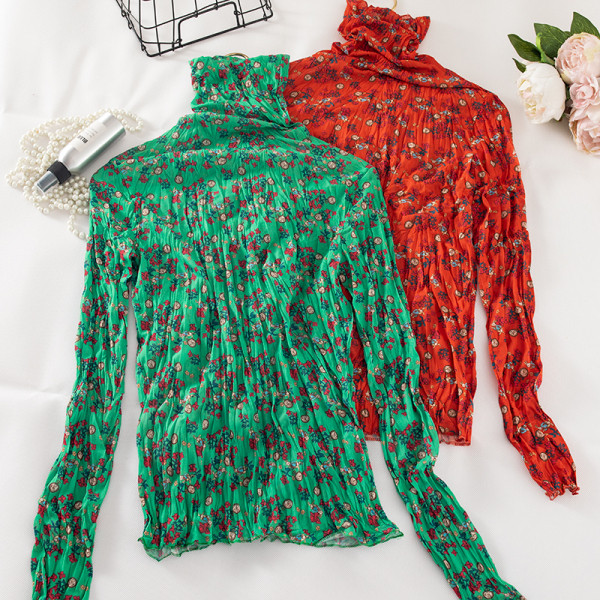Női blúz magas gallérral és virágmintával zöld, piros, rózsaszín, barna, fekete és narancs színben
