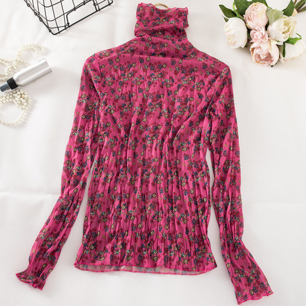 Női blúz magas gallérral és virágmintával zöld, piros, rózsaszín, barna, fekete és narancs színben