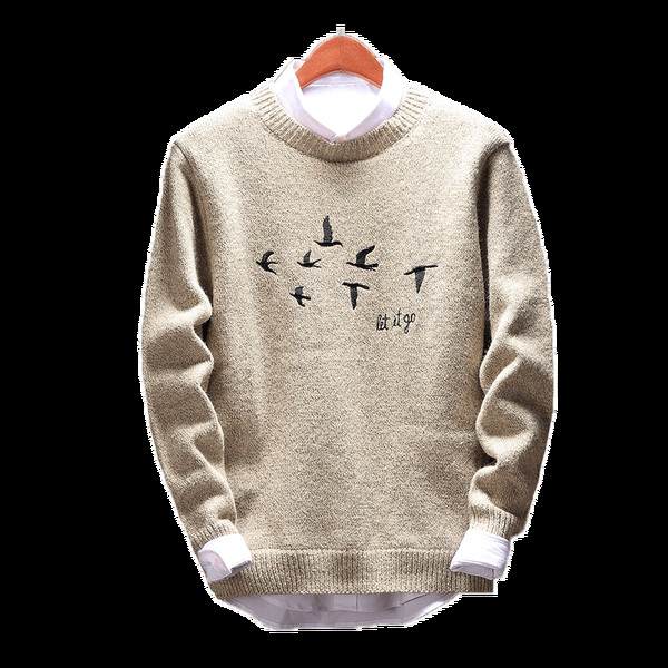 Barna, fekete és bézs színű férfi pulóver hímzéssel és kerek nyakkivágással