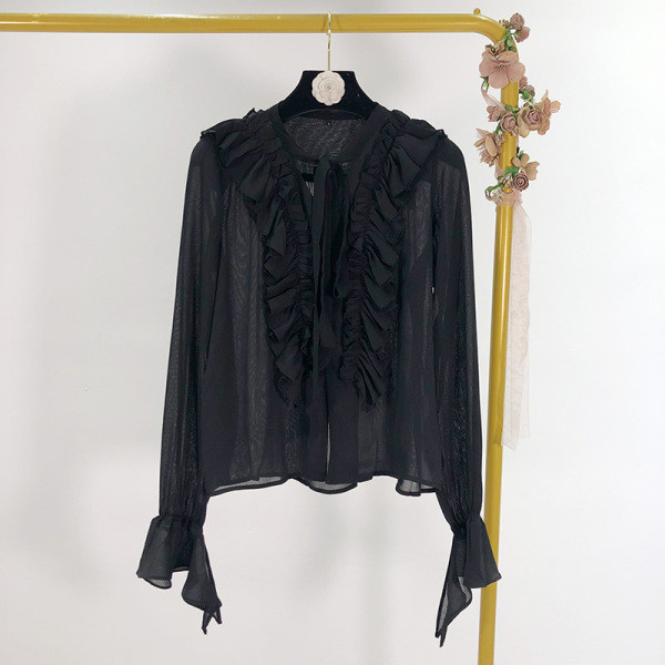 Cămașă largă de damă cu decolteu în V și bucle în negru