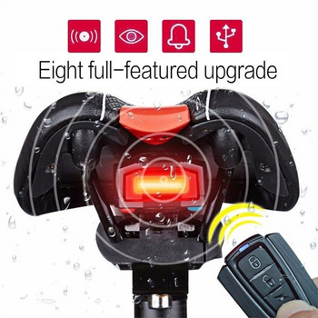 2 в 1 Водоустойчива задна светлина + алармена система за велосипед с дистанционно управление зареждаща се чрез USB в черен цвят