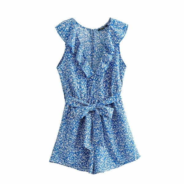 Új modellű női rövid jumpsuit pánttal és övvel, kék és virágmintás színben
