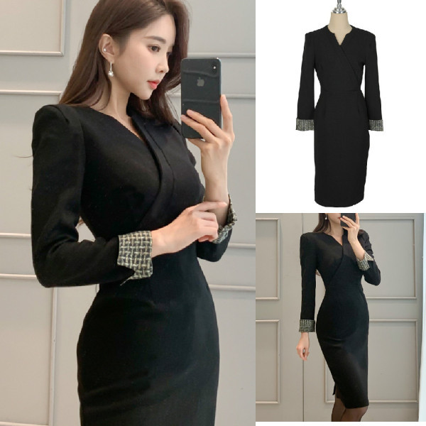 Új modell női ruha hosszú ujjal és spitz nyakkivágással, fekete színben
