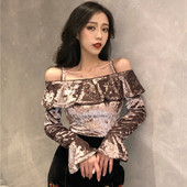 Női modern bársony blúz fürtökkel és csupasz vállakkal bézs, barna és fekete színben