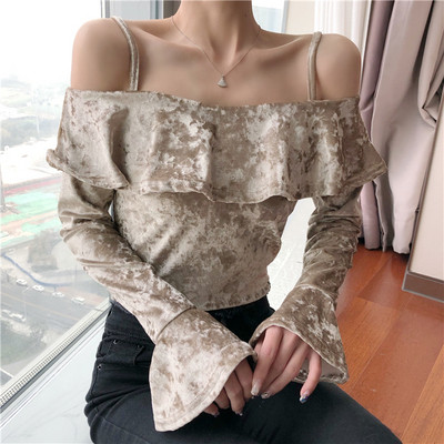 Női modern bársony blúz fürtökkel és csupasz vállakkal bézs, barna és fekete színben