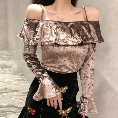 Női modern bársony blúz fürtökkel és csupasz vállakkal bézs, barna és fekete színben