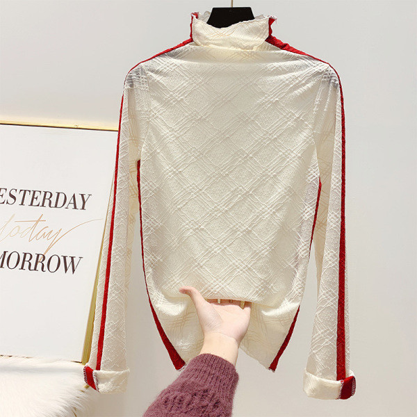 Modern női blúz pólógallérral és zöld, kék, fehér és fekete szegéllyel