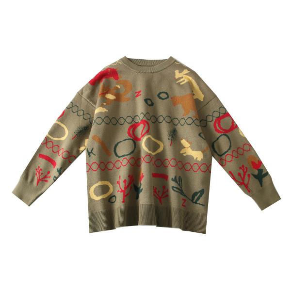 Női pulóver ovális nyakkivágással, bézs és zöld mintával