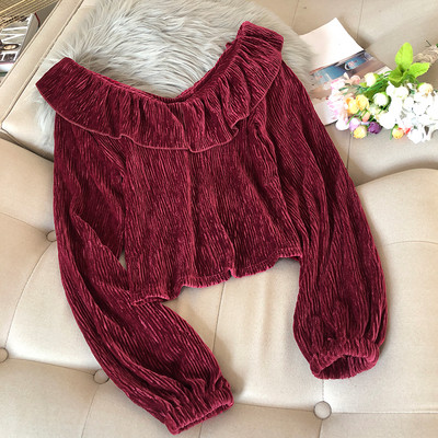 Bluză de damă din catifea și decolteu spitz în visiniu, verde, bej și negru