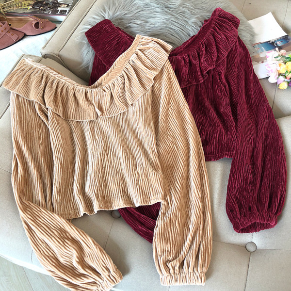 Bluză de damă din catifea și decolteu spitz în visiniu, verde, bej și negru